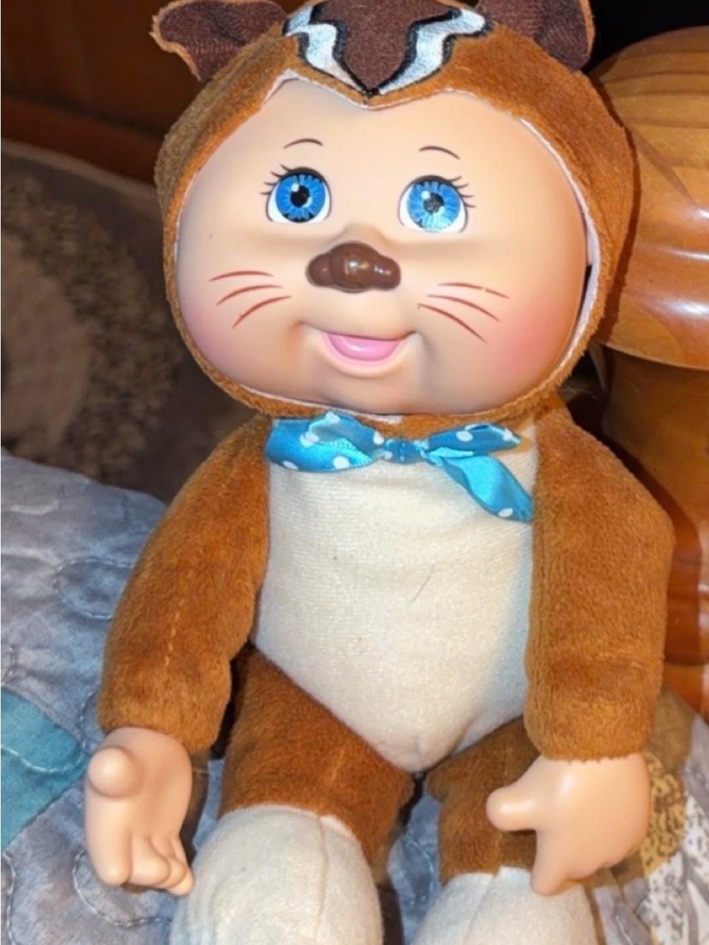 Cabbage patch kid Plush Brown Cream squirrel Costume Baby Doll with Blue Bow